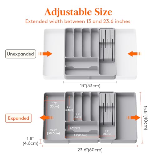Lifewit Portaposate a Cassetto Espandibile, Porta Posate per Cucina, Portaposate Regolabile con Supporto per Coltelli Rimovibile, Organizer Posate Salvaspazio, Profondità 40 cm, 1 Pacchi, Grigio - Immagine 1