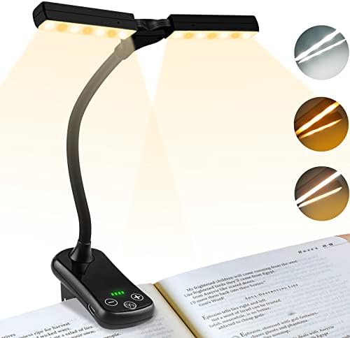 ELECGO 14 LEDs Rechargeable Book Light, 1600K to 6000K, Adjustable Dual Heads, Eye Care Reading Lamp Clip on Book/Desk, Stepless Dimming 24 Modes, Touch Control, Up to 80Hrs, for Study, Work, Sleep