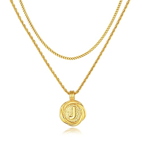 Revemcn Dainty Gold Layered Initial Necklaces For Women, 18K Gold Plated Personalized A-Z Letter Medallion Coin Pendant With Adjustable Rope Link Chain, Trendy Layering Choker Necklace For Women Men (J, Gold) #TOP10