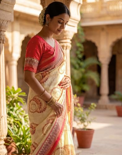 Image of SIRIL Women's Cotton Linen Printed, Zari Border One Minute Ready To Wear Saree With Unstitched Blouse Piece