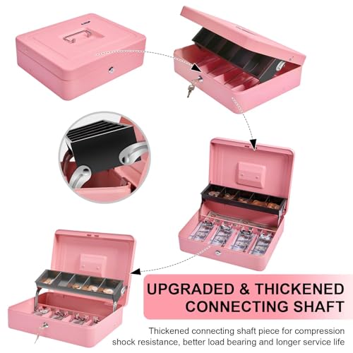 Sgorlds Cash Box Metal Money Box with Tray & Key Lock,Tiered Locking Cash Boxes,Durable Lock Safe Box with Key,4 Bill 5 Coin Slots,Cantilever Design,Large (Large, Pink)