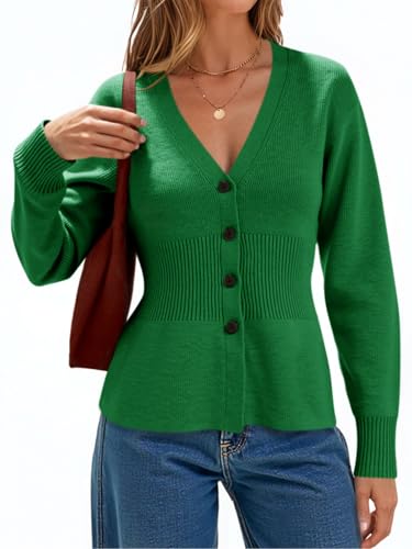 Cicy Bell Womens V Neck Cardigan Sweaters Long Sleeve Cinched Waist Knit Tops Dressy Casual Button Up Fitted Outerwear Green