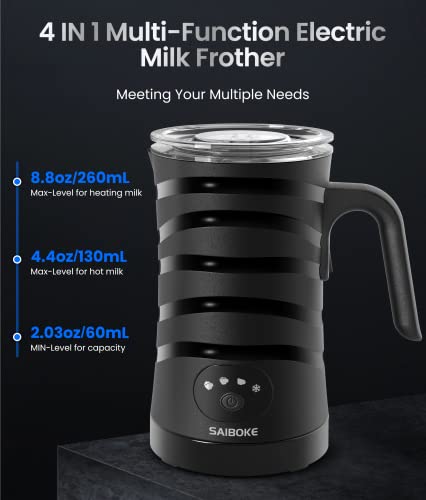 Milk Frother, SAIBOKE 4-in-1 Electric Milk Steamer,Automatic Hot & Cold Foam Maker, 8.8oz/260ml Milk Warmer for Latte, Cappuccinos, Macchiato. Ultra-Quiet Working & Automatic Shut Off.