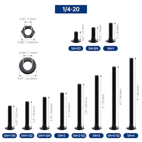 Image of 1 /4-20 x 1-3 /4 inch Black Carriage Bolts with Nuts and Washers Kits (10 Sets), 304 Stainless Steel 18 /8, Black Finish, Round Head, Square Neck, Heavy Duty Bolts, Indoor Outdoor Fastening Bolts, Fayeploo