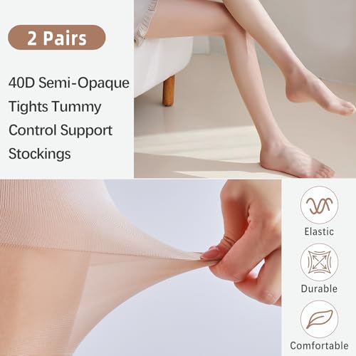 Image of Women's Tights 40D Microfibre Semi Opaque Control Top Pantyhose with Reinforced Toes 2 Pairs
