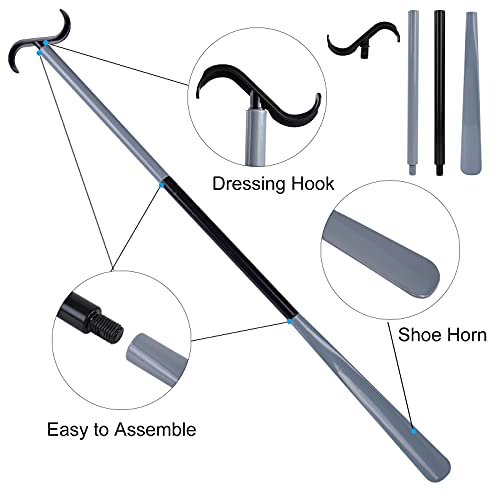 35\" Long Dressing Stick with Shoe Horn with Sock Removal Tool, Adjustable Extended Dressing Aids for Shoes, Socks, Shirts and Pants Grey and Black - Thumbnail 3
