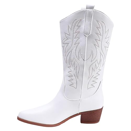 Jemnpela Mujer Botas Vaqueras Occidentales Bordadas Hasta Pantorrilla Punta Afilada Tacón Bajo Grueso Ideal Conciertos Fiestas Vestidos Vaqueros Faldas