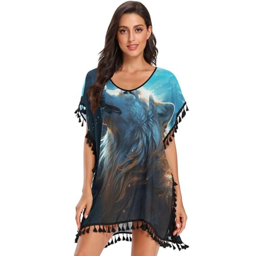 Abstract Howling Wolf Blue Space Women's Beach Cover Up Chiffon Tassel Swimwear Swimsuit Coverups for Girl