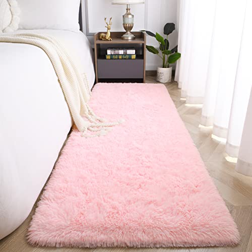 Image of Jelymark Super Soft Shaggy Rug for Bedroom, 2x6 Feet Fluffy Carpet for Living Room, Fuzzy Indoor Plush Area Rug for Home Decor, Furry Floor Rugs for Dorm, Kids Nursery Rug for Girls, Pink