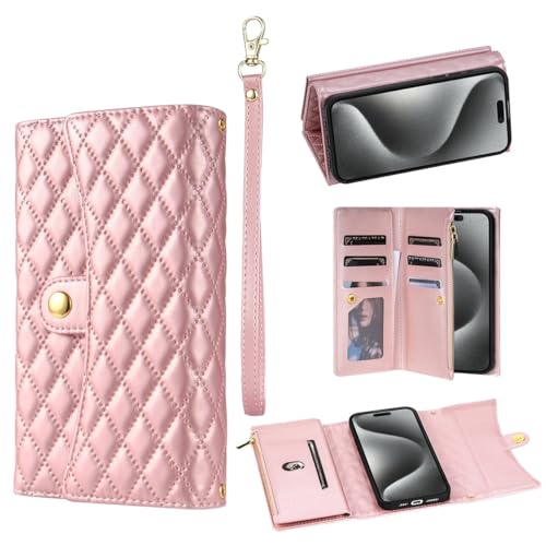 Étui iPhone 16 Pro Max or rose portefeuille avec bandoulière et fermeture éclair