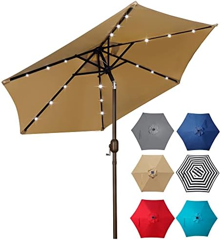 Blissun 7.5 ft Solar Umbrella 18 LED Lighted Patio Umbrella Table Market Umbrella with Tilt and Crank Outdoor Umbrella for Garden, Deck, Backyard, Pool and Beach, Tan