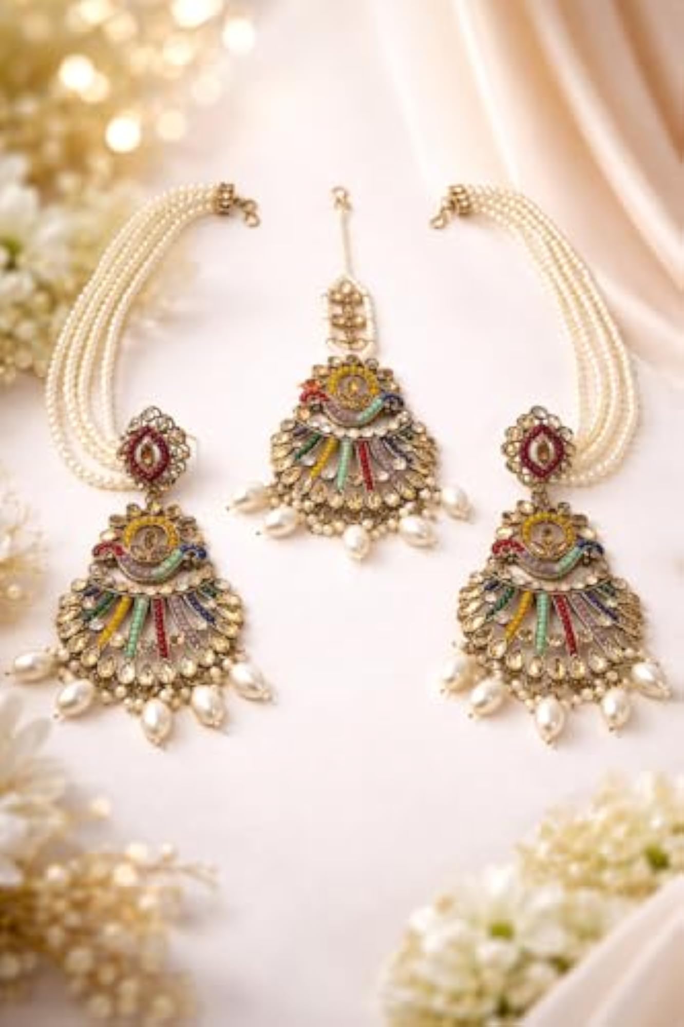 Women's Traditional Multicolor Kundan Pearl Earrings & Maang Tikka