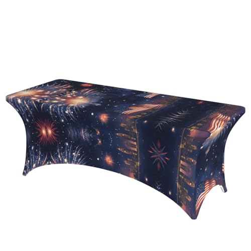 Bkdogkt American Flag Firework Print Elastic Rectangular Table Cover Wipe Clean Tablecloth for Parties Outdoor Events