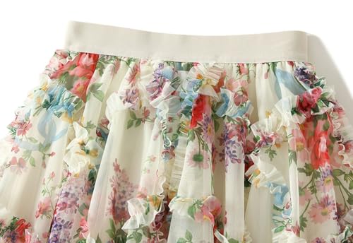 Women's Floral Tulle Skirt High-Low Hem Midi Skirts Elastic High Waist A-line Vintage Renaissance Skirt4