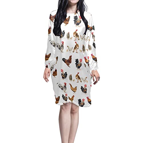 Coloranimal Langes Nachthemd für Damen, langärmelig, Rundhalsausschnitt, Nachtwäsche, Pyjama, Loungewear, S-4XL, Süßes Huhn, X-Large Cover