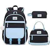 Bevalsa Backpack for Girls, School Backpacks for Girls, Kids Backpack with Lunch Box & Pencil Pouch for Teens Girl Kids Elementary Middle High School College Student Bookbag Daypack (Blue Black)