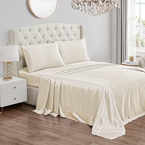 Juicy Couture Twin XL Size Satin Bed Sheet Set, Deep Pocket Twin XL Sheet Set with 1 Fitted Sheet, 1 Flat Sheet and 1 Pillow Case, Wrinkle Resistant and Anti Pilling Bed Sheets - Ivory
