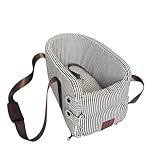 Portable Pet Car Seat Cover for Small Dogs, Non-Slip Mat, Protective, Easy to Clean (Gray Stripe [Coffee Colored Strap], One Size fits All)