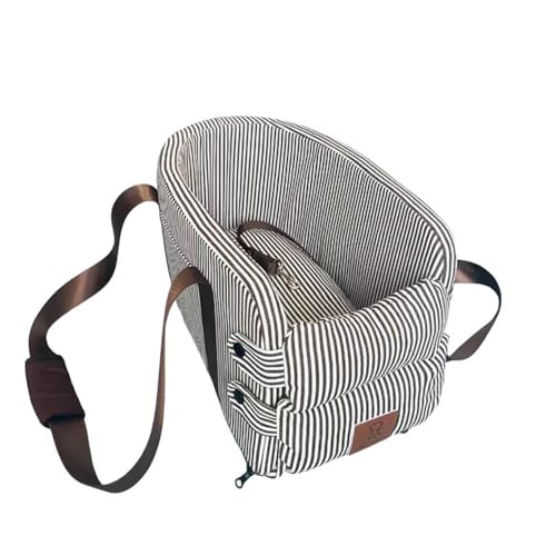 Portable Pet Car Seat Cover for Small Dogs, Non-Slip Mat, Protective, Easy to Clean (Gray Stripe [Coffee Colored Strap], One Size fits All)