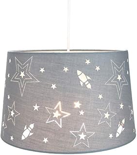 Fun Rockets and Stars Childrens/Kids Grey Cotton Bedroom Pendant or Lamp Shade Creates Stunning Effect Against The Wall by Happy Homewares