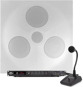 Pure Resonance Audio Paging Sound System with SD5 Ceiling Tile Speaker, 120 Watt Rack Mount Bluetooth Mixer Amplifier & Push-to-Talk Microphone