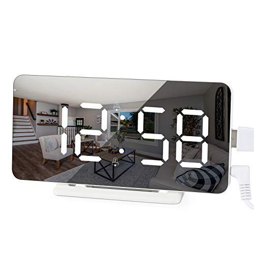 Edillas Reloj Despertador Digital,LED Alarma Doble de Superficie de Espejo con Función de Repetición y 3 Niveles de Brillo Puerto de Cargador USB Ajustable Despertador para Dormitorio
