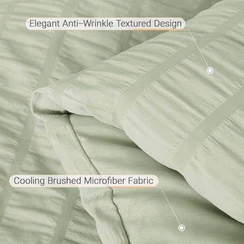 Image of MUXHOMO 7 Pieces King Comforter Set, Seersucker Bed in a Bag King Size, All Season Luxury Bedding Set with Comforter, Flat Sheet, Fitted Sheet, Pillowcases & Shams, Light Green