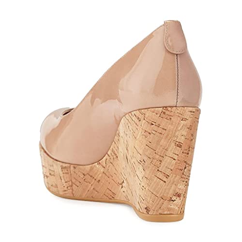 XYD Women Comfort Round Toe Wood Platform Pumps Slip On Patent Wedge Cork High Heel Casual Dress Shoes2