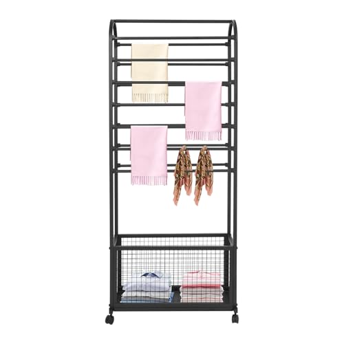 Image of CNCEST Double-Sided Ribbon Holder Organizer Rack,Free Standing Mobile Ribbon Holder,Metal Ribbon Stand Organizer,Ribbon Display Rack Storage Shelf for Craft Room,Wrapping Paper (Black,27.6x11.8x65in)