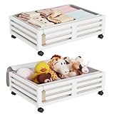 Bamboo Under Bed Storage Containers- Underbed Organizer with Wheels with Large Dust Bag,Sturdy Wood Rolling Under the Bed Shoe Storage Organizer Drawer 2 Packs (White, Small)