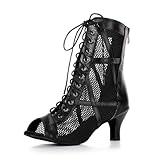 Syrads Mujer Botas de Baile Latino Botines Punta Abierta con Cordones para Salsa Tango Zapatos,Negro 6cm Heel,41 EU