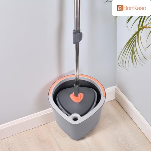 Image of BonKaso 360 Spin Mop with Drop Bucket Deluxe System Set and Reusable Microfiber Pads for Wet & Dry Glass, Wall, Tile and Home Floor Cleaning - Grey and Orange
