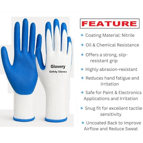 Image of Nylon Safety Work Gloves with Nitrile Coating - Industrial-Grade Protection for Cleaning, Warehouse, Mechanics, Construction - Durable, Flexible, Non-Slip Grip (White & Blue, 10 Pair)