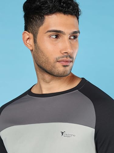 Image of TECHNOSPORT Men's Slim Fit Polyester Color Block Athleisure Crew Neck T-Shirt with Full Sleeve, Moisture Wicking and Quick Dry