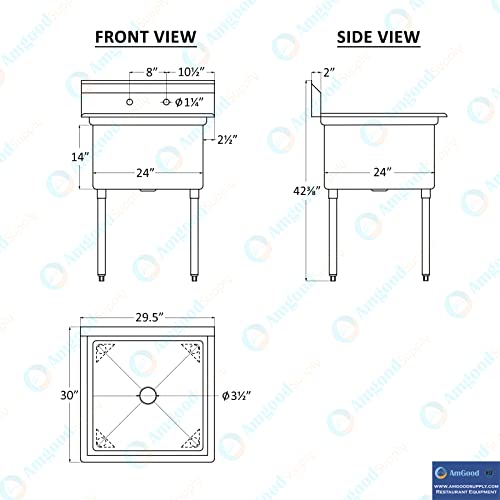 Image of AmGood Stainless Steel Prep & Utility Sink | 304 Stainless Steel | Overall Size: 30 inch x 29.5 inch | Restaurant, Kitchen, Laundry, Garage | NSF (Bowl Size: 24 inch x 24 inch No Faucet)