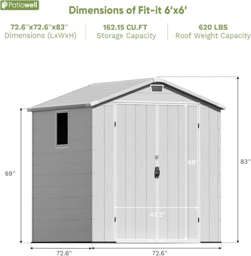 Image of Patiowell 6X6 FT Outdoor Storage Shed with Lockable Door and Floor, Resin Garden Tool Shed with Window, Waterproof Easy Assembly for Backyard, Lawn, Patio Furniture Storage (Light Grey)