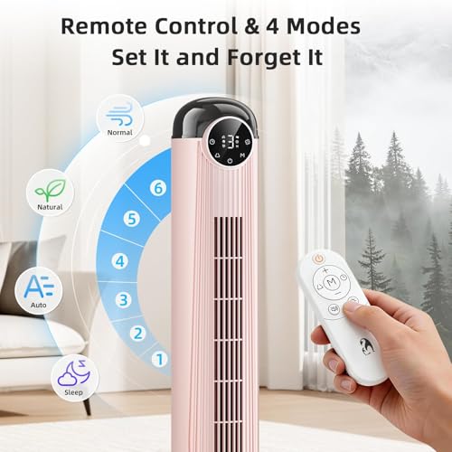 Image of Antarctic Star Tower Fan, 35 Inch DC Motor Bladeless Oscillating Fan with Remote, 6 Speeds & 4 Modes, LED Display, 9H Timer, Quiet Floor Standing Fan for Bedroom Living Room Office, Pink