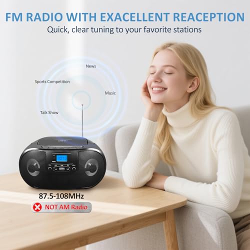 Portable CD Player Boombox with FM Radio, Top Loading CD Stereo Boom Box for Home, Bluetooth, Remote Control, Disco Light, Headphone/Mic Jack, Support CD-R/RW/MP3-CD, USB, LCD Display, Black by Gelielim - Image 5