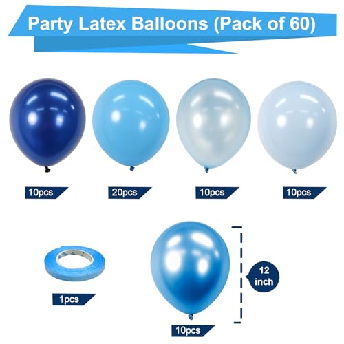Bezente Blue Balloons Set,60pcs 12 inch Metallic Blue Pearl Blue Navy Blue Pastel Blue Latex Balloons Kit for Birthday,Baby Shower,Wedding,Graduation Party Decorations - Image 4