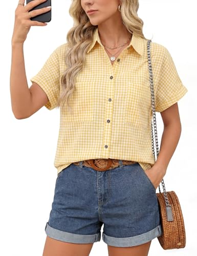 Kistore Women's Blouse Plaid Short Sleeve Shirt Button Down Top Casual Lightweight Cotton Western Shirts Summer Clothes Fashion Outfits