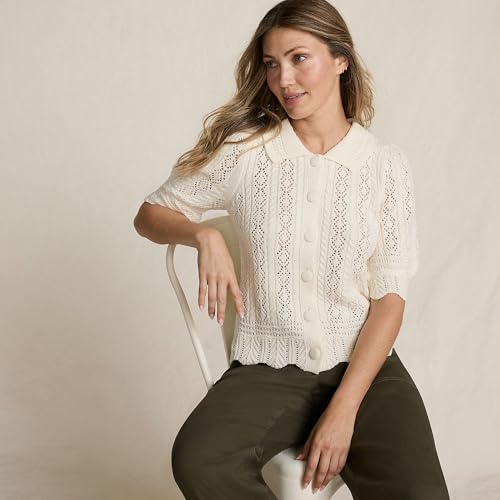 Lands' End Women's Lace Pointelle Puff Sleeve Cardigan Sweater Medium Fresh Ivory4