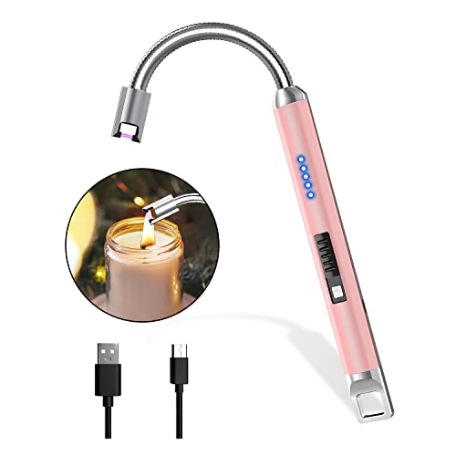 Rouclo Allume Bougie Electrique, USB Rechargeable Briquet Électrique avec Affichage LED, Briquet Arc Électrique Coupe-Vent sans Flamme pour Cuisine,Bougie,Barbecue,Cheminée (Rose)