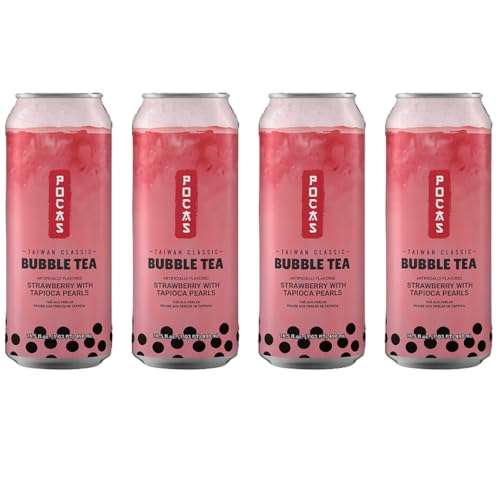 Pocas Bubble Tea with Tapioca Pearls, (Pack of 4, 16.5 oz), Asian Drinks, Refreshing Milk Tea with Boba Pearls (Strawberry)