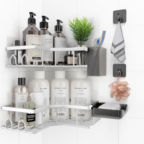 QHMCHLDZ Adhesive Shower Caddy, 6 Pack Corner Bath Organizer, Rustproof Stainless Steel Shower Shelves with Large Capacity, No Drilling Shelves for Bathroom Storage, Home, Kitchen Décor (White).