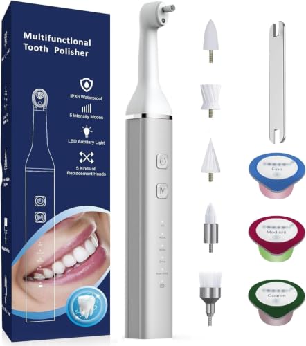 Tooth Polisher,Teeth Polishing Kit for Daily Cleaning,Polishing Then Whitening of Tooth (Professional Toothpaste Include),USB Rechargeable Dental Polisher with LED Light,6 Heads,5 Speed Modes