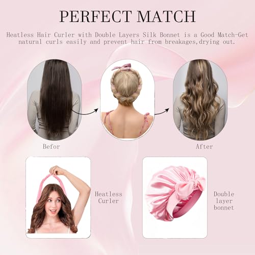 Fgail Heatless Hair Curler and Double Layer Satin Bonnet Set for Overnight Curls - No Heat Curling Rod with silk Bonnet, Sleep-In Safe for Long/Medium Hair, Frizz-Free Waves & Volume(Pink)