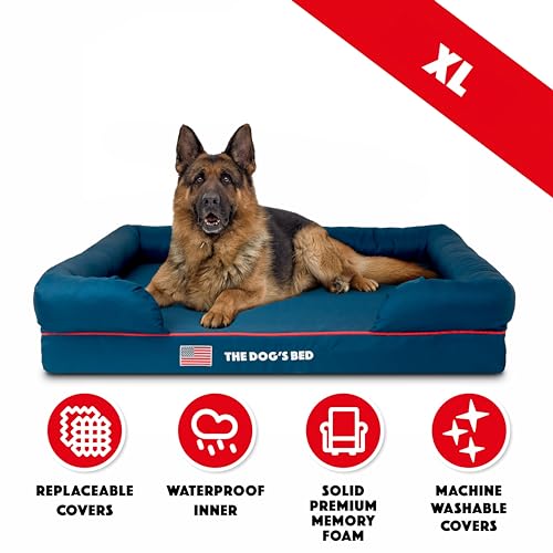 The Dog’s Bed – Orthopaedic Memory Foam Bolster Bed, Blue with Red Trim & USA Flag, XL - Image 3