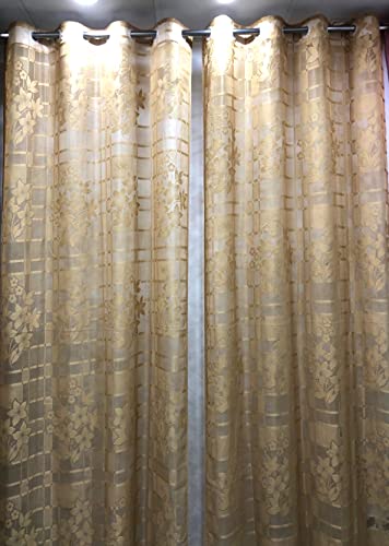 Image of Fabrilia Heavy Polyester Net Semi Transparent Fancy Grommet Semi Sheer Curtains , Floral Design, Brown, Long Door- 4 Feet X 9 Feet, Pack Of 2 Pcs