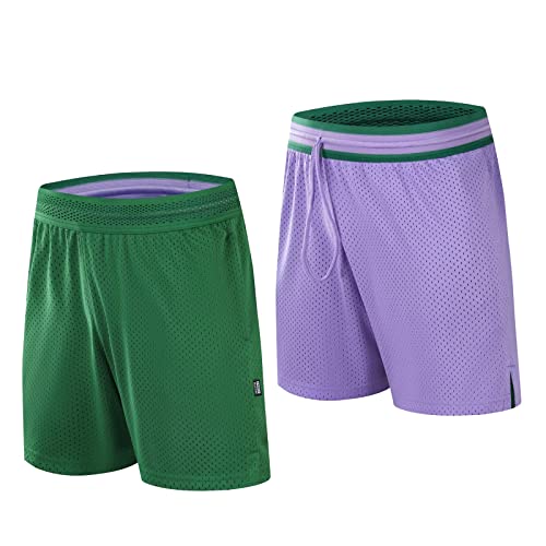 Baisile Reversible Basketball Shorts Men Mesh Gym Sports Workout Training Casual Fashion Short with Pockets and Drawstring-Green-M