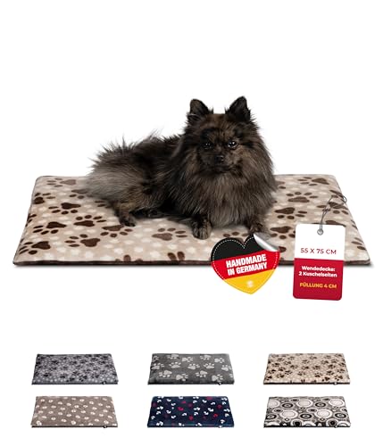 HS-Hundebett® Hundedecke S (55x75 cm) – Wendbar & gemütlich Dank 3 cm Füllung – Perfekt fürs Sofa, Auto & Hundebox – Pfote Beige, Made in DE